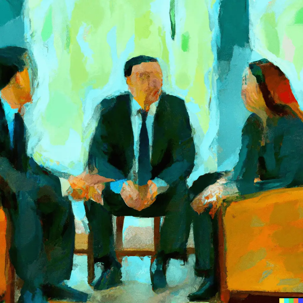business meeting of 3 people discussing an acquisition.