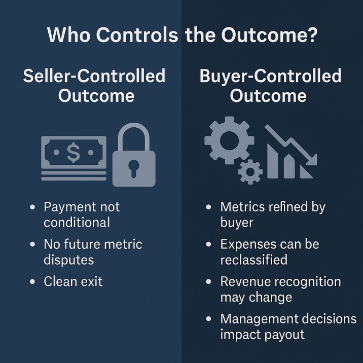 Infographic comparing seller-controlled outcomes versus buyer-controlled outcomes in a business sale, showing cash at close as seller-controlled and earnouts as buyer-controlled, with icons illustrating payment certainty, metrics control, and operational risk.