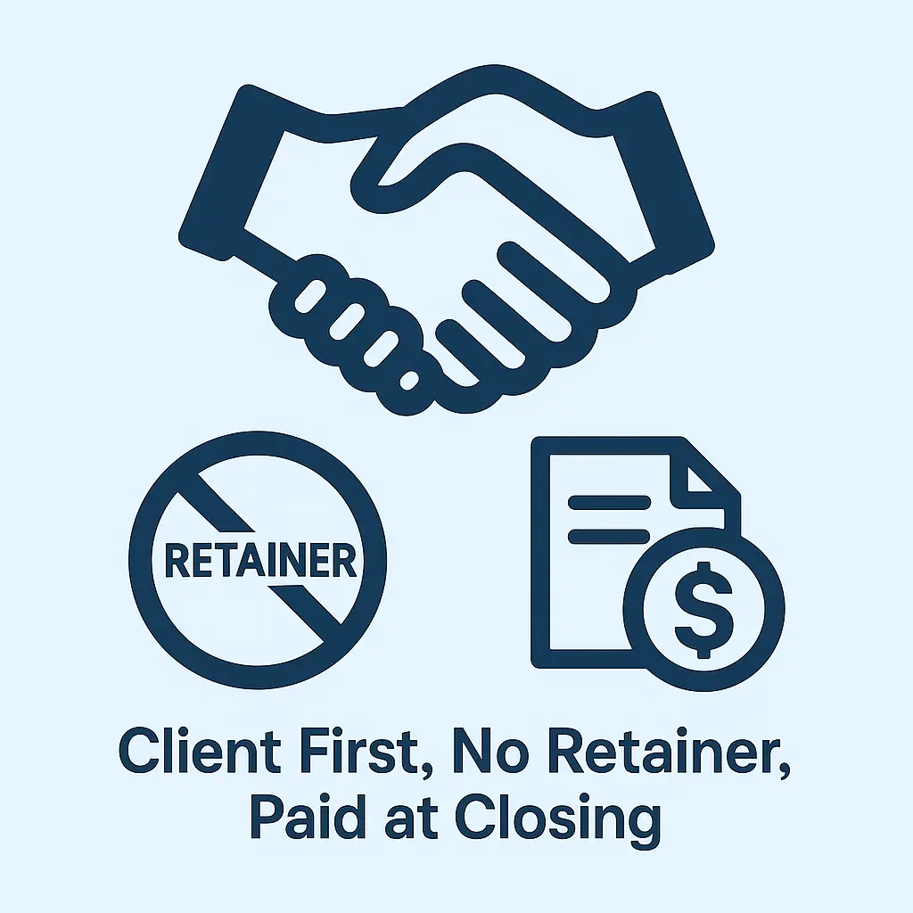 Handshake icon representing a no-retainer, client-first brokerage model where payment occurs only at closing.
