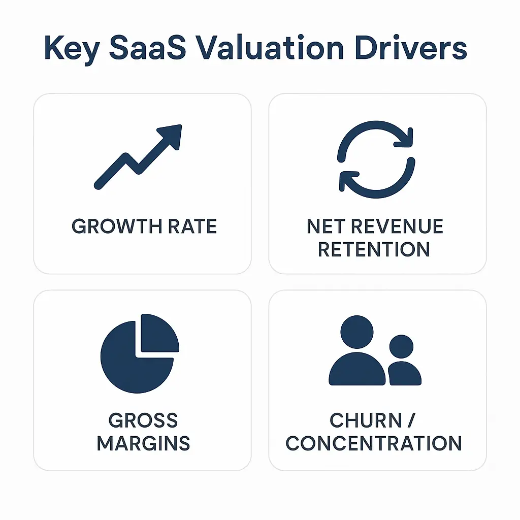 Key SaaS valuation drivers including growth rate, net revenue retention, gross margins, and churn and customer concentration.