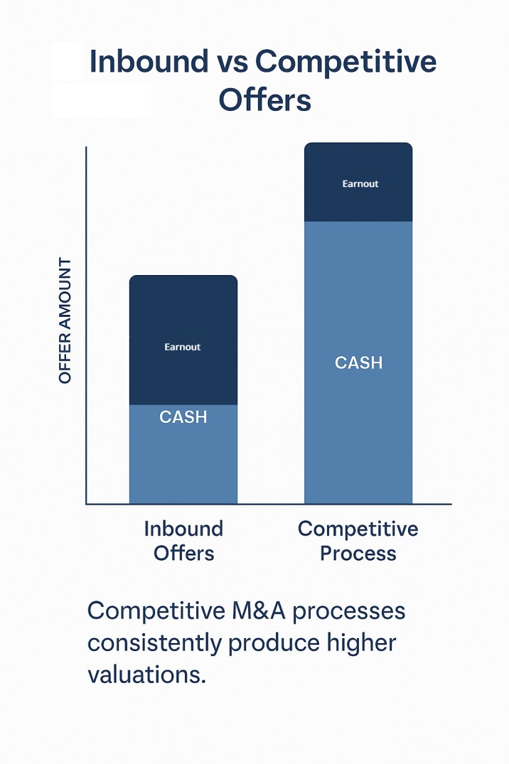 Bar chart comparing typical inbound SaaS offers to higher valuations achieved through a competitive buyer process.