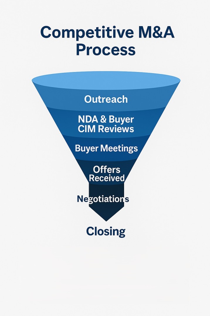 Funnel diagram illustrating the SaaS M&A process from broad buyer outreach to NDAs, buyer meetings, multiple written offers, and final selection of the winning buyer.
