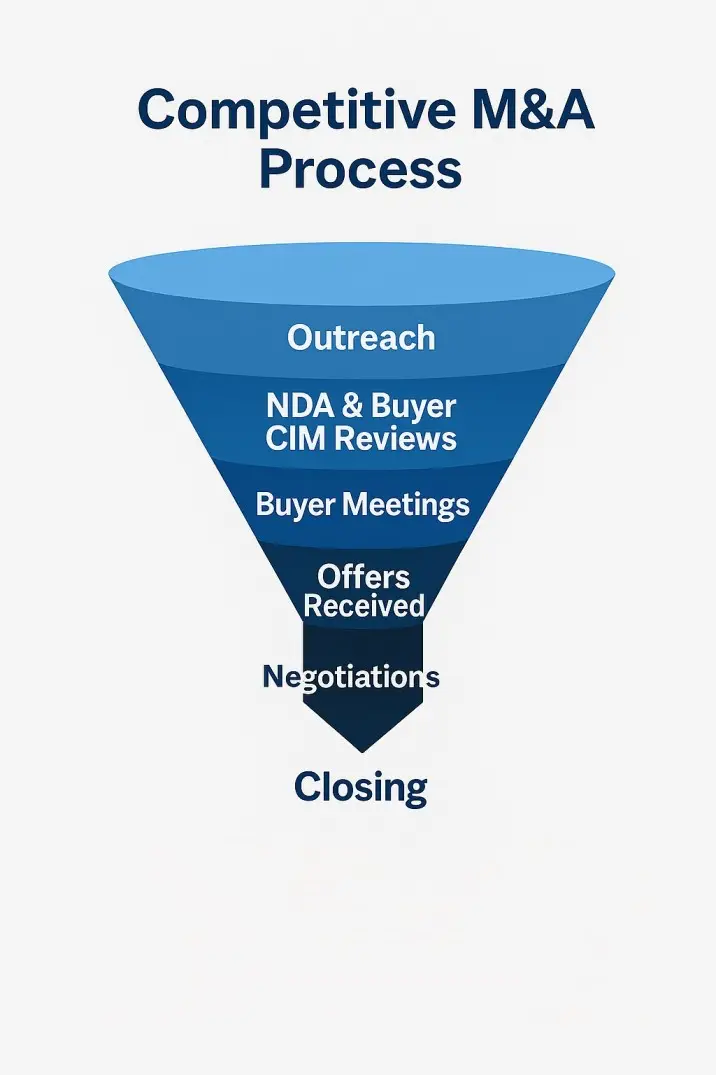 Funnel diagram illustrating the SaaS M&A process from broad buyer outreach to NDAs, buyer meetings, multiple written offers, and final selection of the winning buyer.