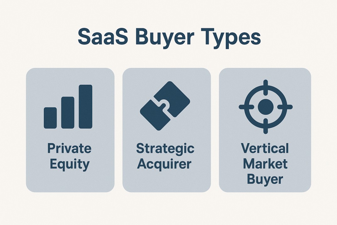 Types of buyers for SaaS companies including private equity, strategic acquirers, PE-backed platforms, and vertical-market buyers.