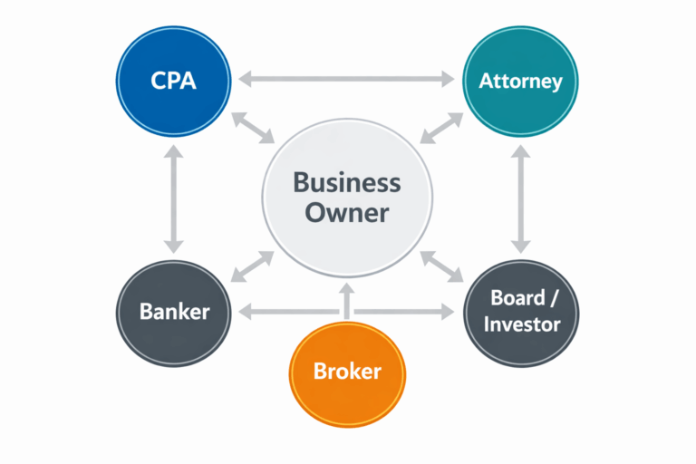 Diagram showing how I work with referred clients by coordinating a business owner, CPA, attorney, banker, board or investor, and broker during a company sale