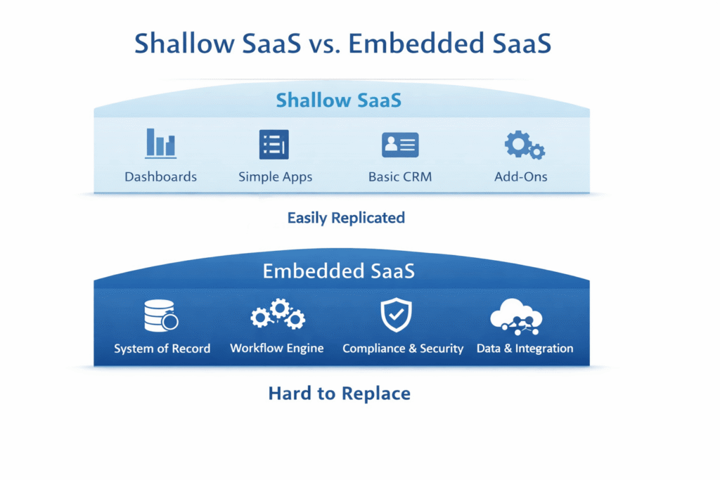 Infographic comparing shallow SaaS vs embedded SaaS, showing CRUD dashboards and add-ons as easily replicated versus systems of record and workflow engines as hard to replace.