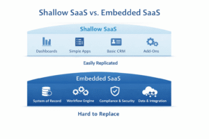 Infographic comparing shallow SaaS vs embedded SaaS, showing CRUD dashboards and add-ons as easily replicated versus systems of record and workflow engines as hard to replace.