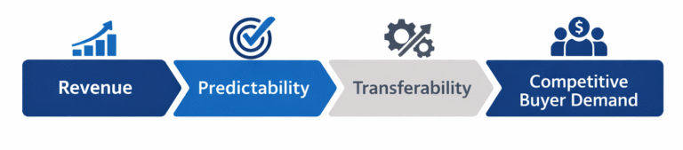 Flowchart showing how revenue, predictability, and transferability increase competitive buyer demand when selling a business.