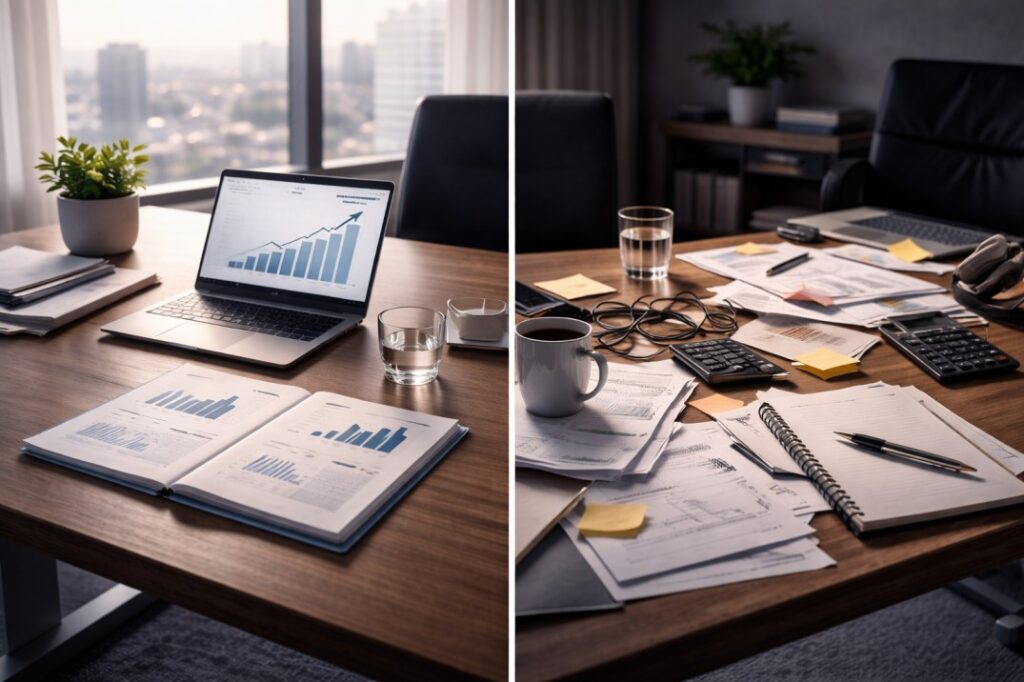 Side-by-side comparison of organized and cluttered office workspaces, symbolizing preparation versus risk when preparing to sell a SaaS business.