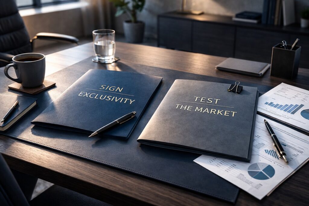 Two labeled folders on a modern executive desk reading “Sign Exclusivity” and “Test the Market,” symbolizing decision paths after receiving an unsolicited offer to buy a business.