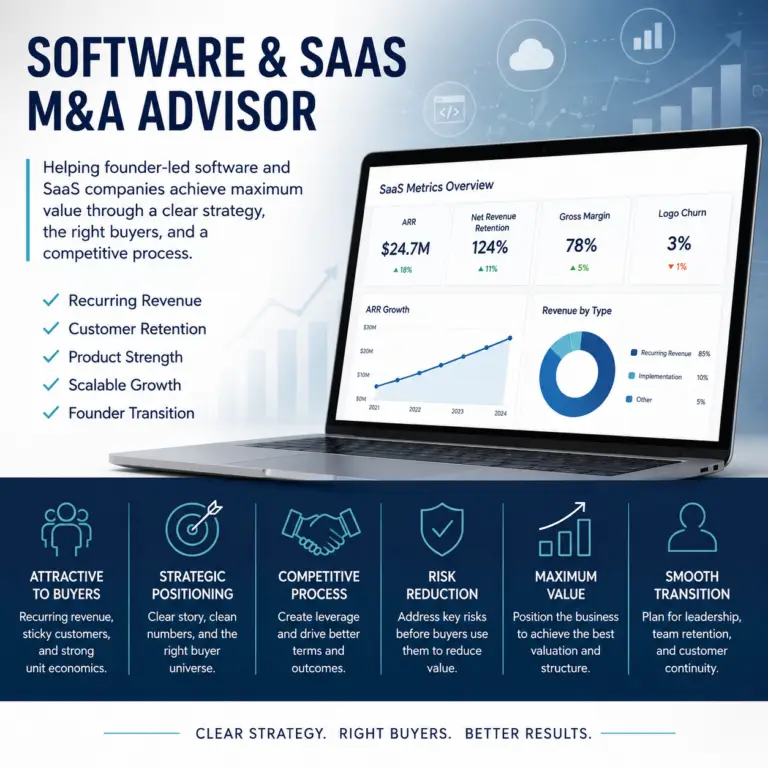 Infographic for a Software and SaaS M&A Advisor page showing SaaS metrics, recurring revenue, customer retention, product strength, scalable growth, founder transition, strategic positioning, and buyer interest.