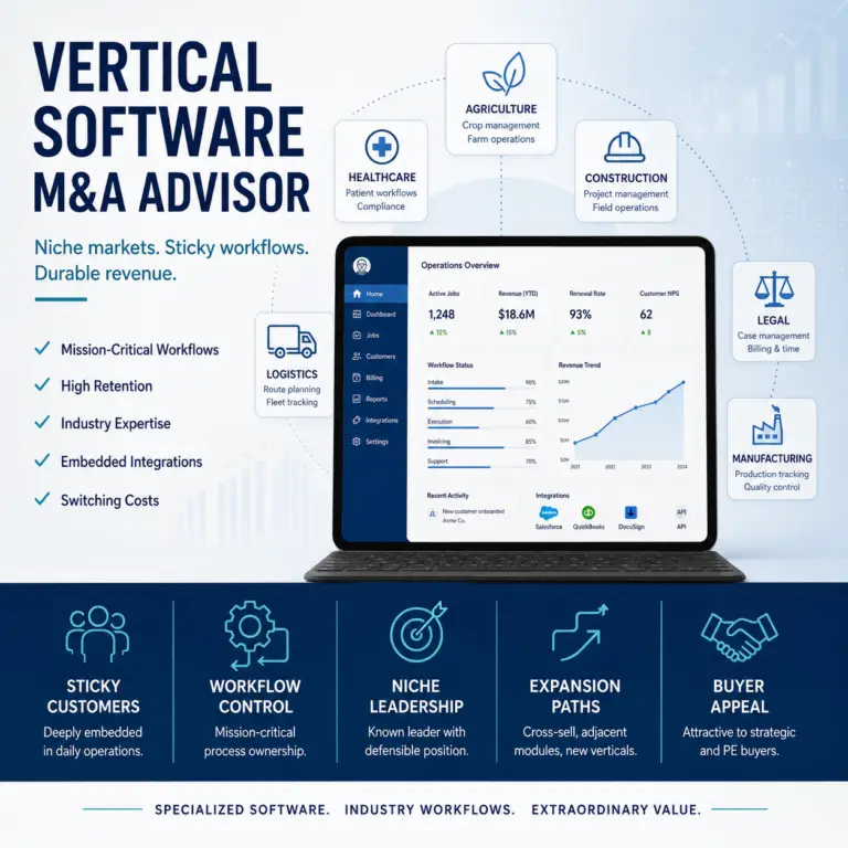 Infographic for a Vertical Software M&A Advisor page showing industry-specific software workflows, sticky customer relationships, embedded integrations, niche market positioning, and durable recurring revenue.