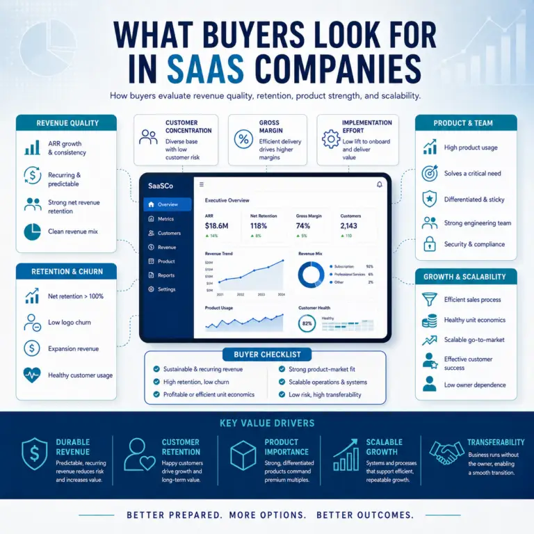 Infographic showing what buyers look for in SaaS companies, including ARR quality, retention, churn, gross margin, customer concentration, implementation effort, product strength, team depth, scalability, and owner dependence.