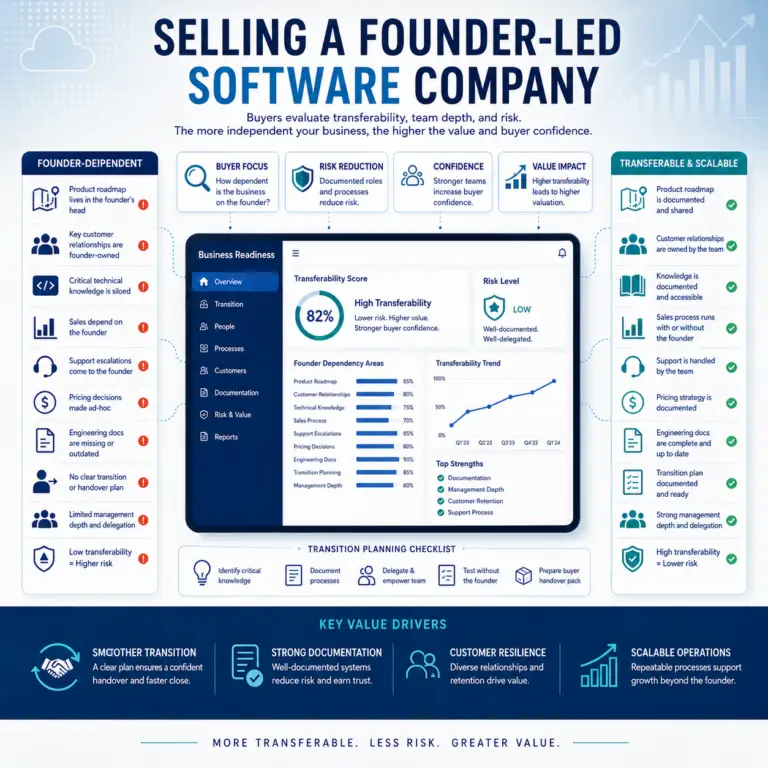 Infographic comparing a founder-dependent software company with a more transferable software business, showing how founder reliance affects product knowledge, customer relationships, sales, documentation, transition risk, and valuation.