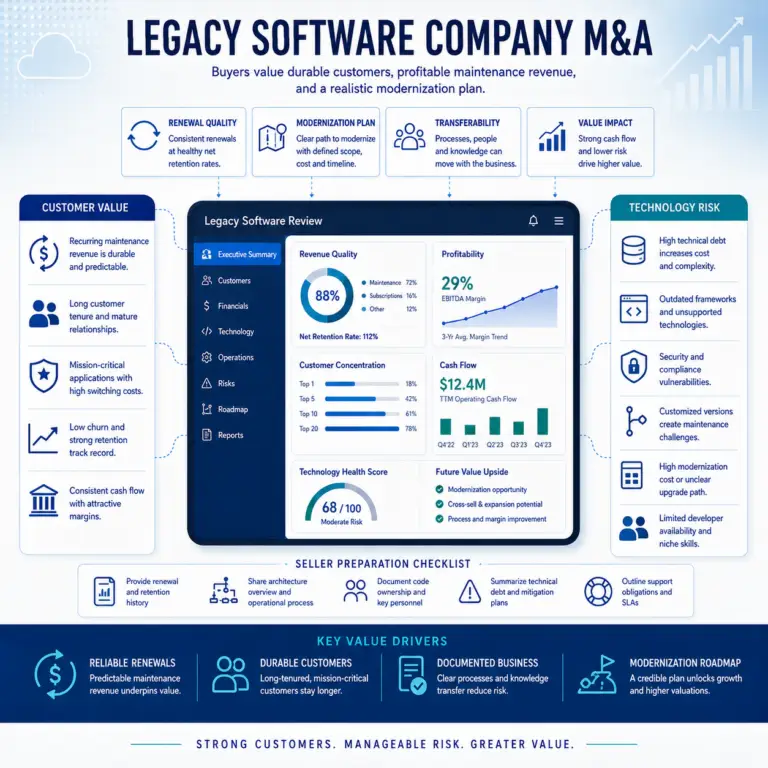 Infographic showing how buyers evaluate a legacy software company, including customer durability, maintenance renewals, profitability, modernization risk, technical debt, transferability, and valuation impact.