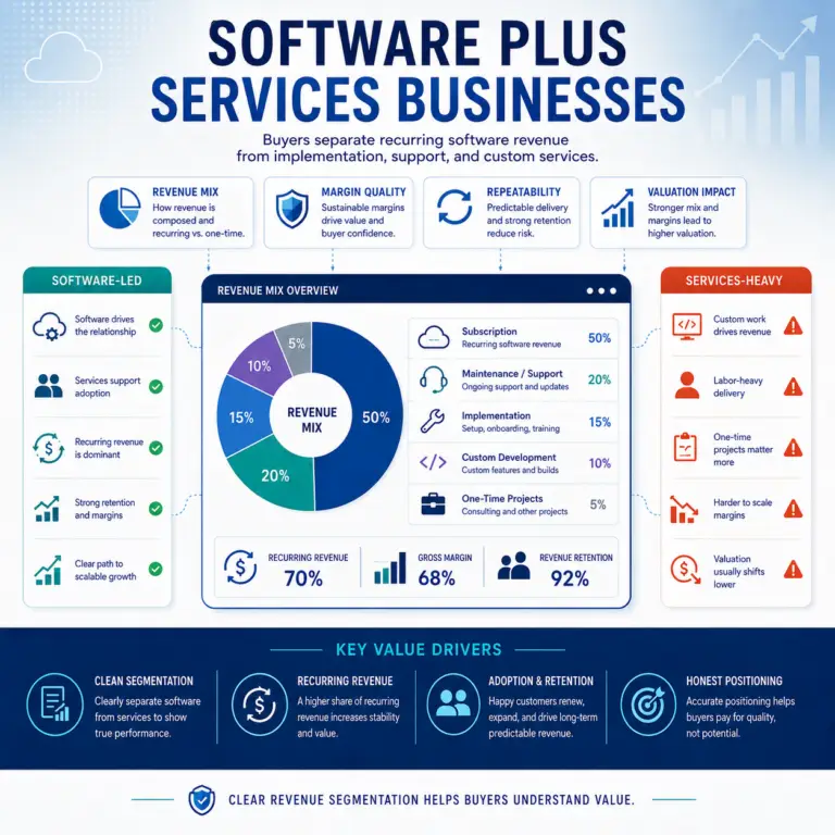 Infographic showing how buyers evaluate a software plus services business, including revenue mix, recurring software revenue, implementation, support, custom development, margins, retention, and valuation impact.