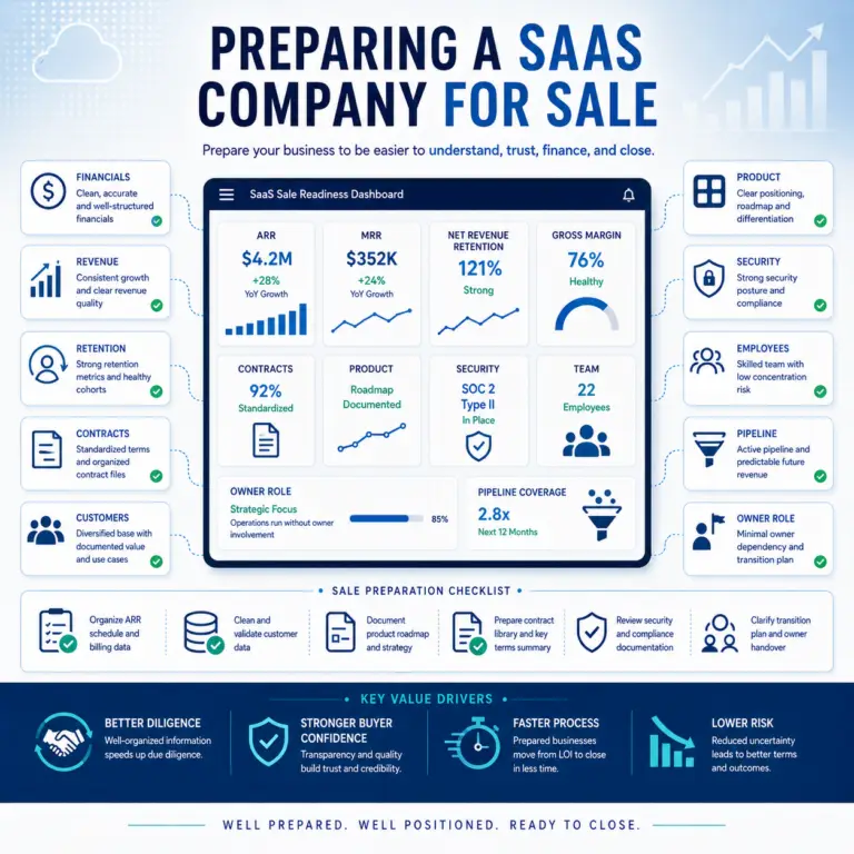 Infographic showing how to prepare a SaaS company for sale, including ARR and MRR reporting, retention metrics, contracts, product roadmap, security readiness, employee roles, pipeline visibility, and owner transition planning.