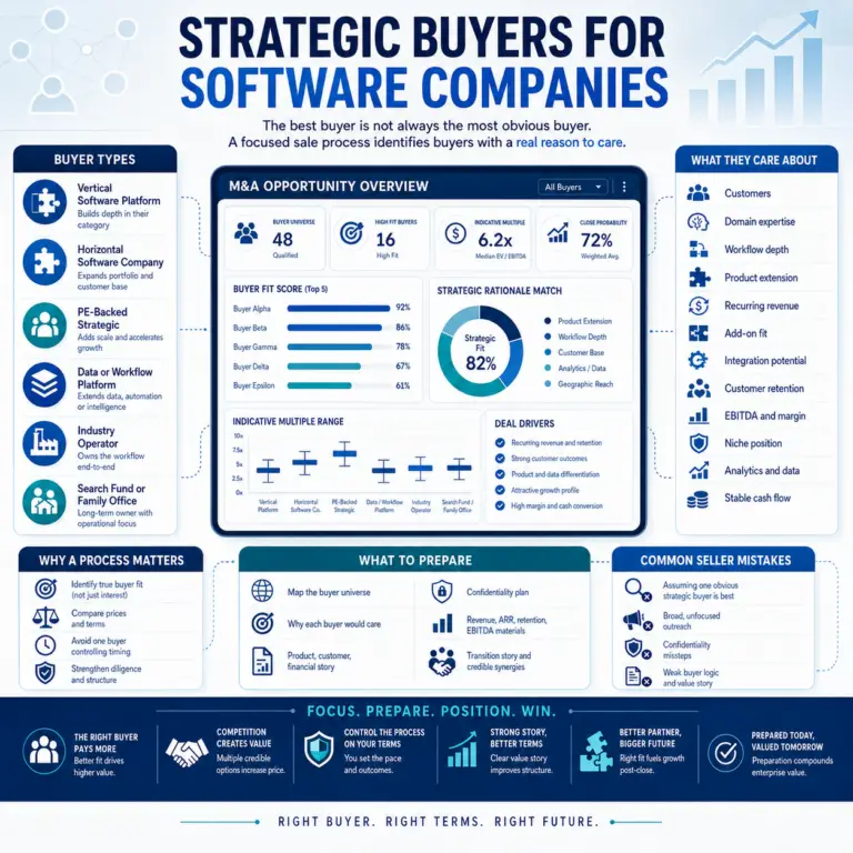 Infographic showing how strategic buyers evaluate software companies, including buyer types, strategic fit, recurring revenue, customer value, product extension, integration potential, and buyer-specific acquisition logic.