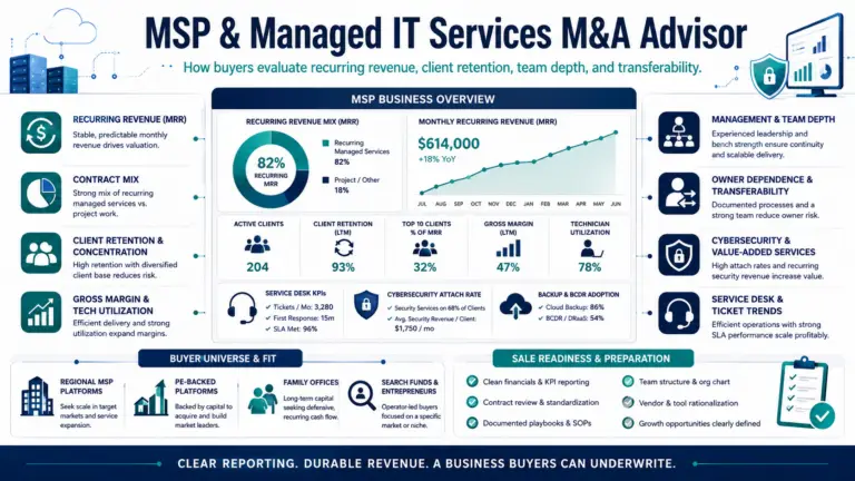 Infographic showing how buyers evaluate an MSP or managed IT services business, including recurring revenue, contract mix, client retention, gross margin, technician utilization, cybersecurity services, management depth, and owner transferability.