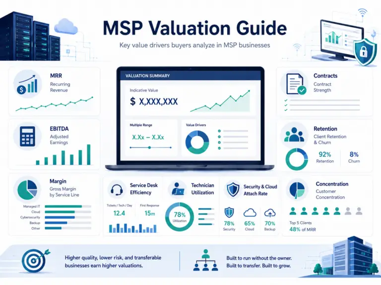 Infographic showing the main factors buyers use to value an MSP, including recurring revenue, adjusted EBITDA, contract quality, client retention, gross margin, service desk efficiency, technician utilization, cybersecurity attach rate, customer concentration, and owner transferability.