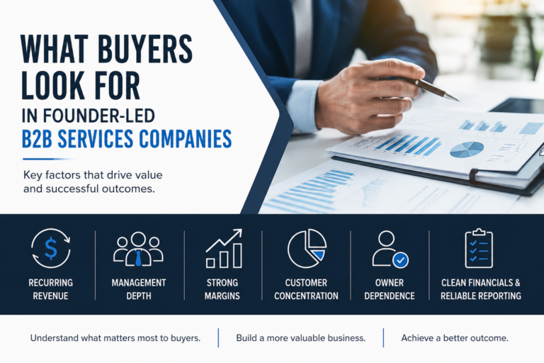 Website header graphic showing the factors buyers evaluate in founder-led B2B services companies, including recurring revenue, management depth, margins, customer concentration, owner dependence, and clean financial reporting.