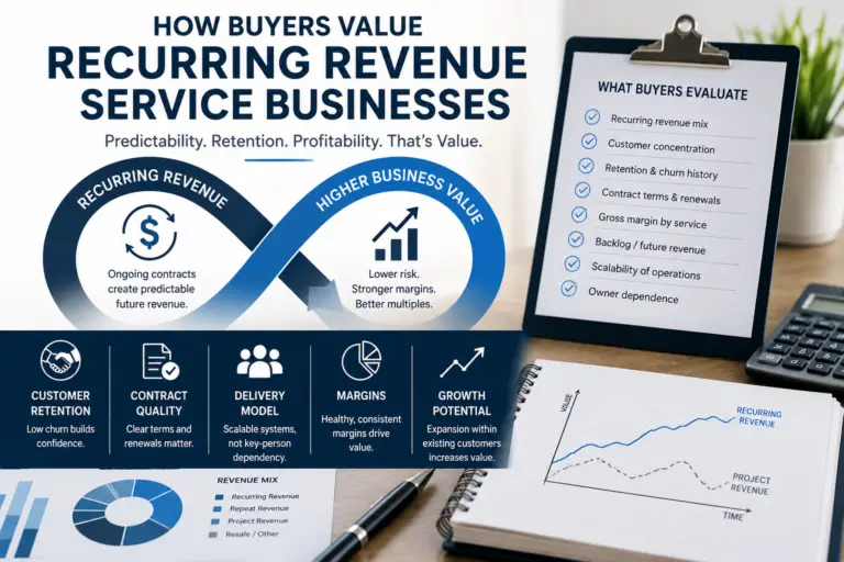 Infographic showing how buyers value recurring revenue service businesses based on retention, contract quality, delivery model, margins, and growth potential.