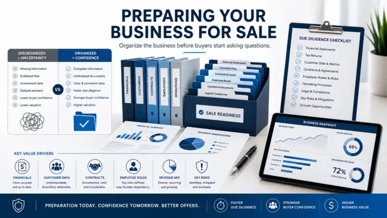 Infographic showing how to prepare a business for sale, including financial statements, customer data, contracts, employee roles, revenue mix, key risks, and due diligence readiness.