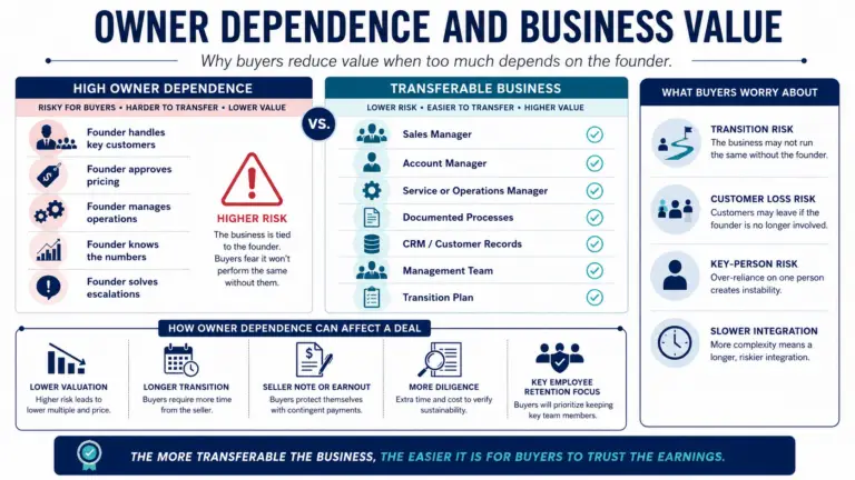 Infographic comparing a highly owner-dependent business with a more transferable business, showing how founder reliance can affect valuation, transition risk, customer retention, and deal structure.