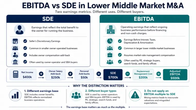 Infographic comparing EBITDA and SDE in lower middle market M&A, showing how each metric is used, the difference in earnings base, and an example bridge from net income to SDE and adjusted EBITDA.