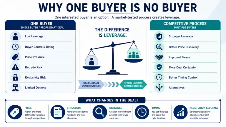 Infographic comparing a single-buyer sale process with a competitive sale process, showing how multiple buyers improve leverage, price discovery, deal terms, timing control, and certainty.