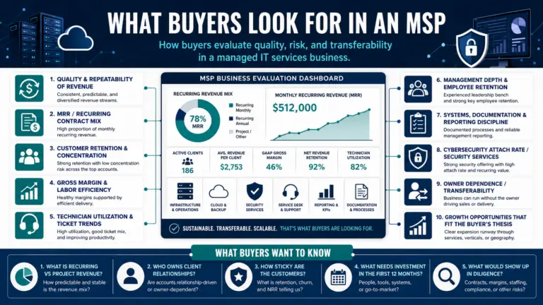 Infographic showing the factors buyers evaluate in an MSP, including recurring revenue mix, MRR, customer retention, concentration, gross margin, technician utilization, management depth, documentation, cybersecurity attach rate, and owner dependence.