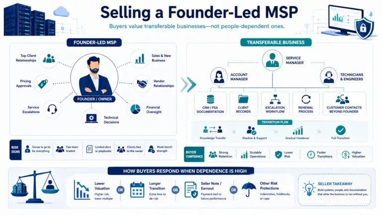 Infographic comparing a founder-led MSP with a more transferable managed IT services business, showing how owner dependence affects client relationships, service delivery, transition risk, valuation, and deal structure.