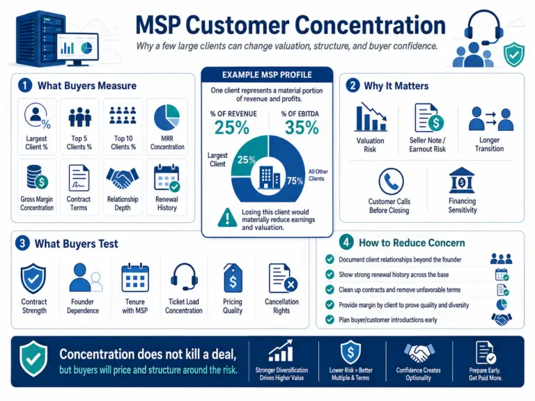 Infographic showing how customer concentration affects MSP valuation, including largest client exposure, top client concentration, MRR concentration, contract strength, relationship depth, and the buyer risks that can change deal structure and price.
