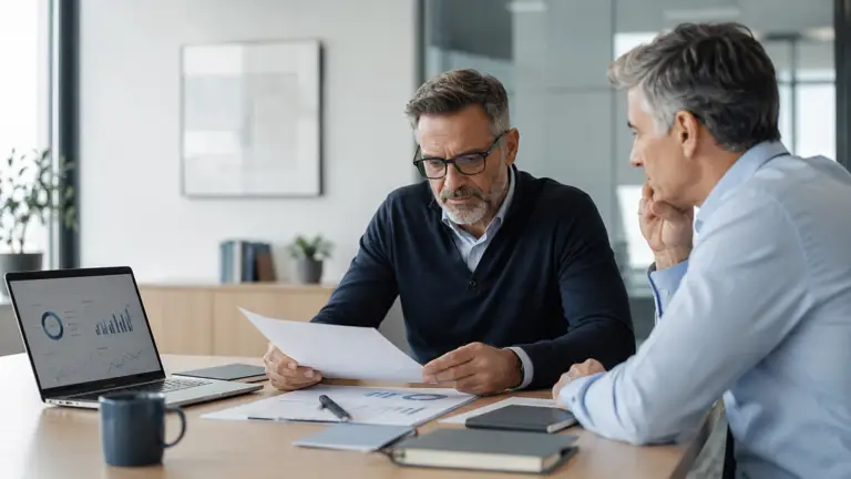 Software business owner reviewing acquisition documents with an advisor at a conference table, with charts, reports, and a laptop visible.